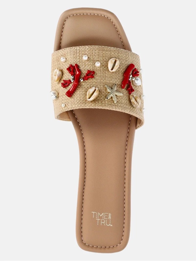 Time and Tru Women's Raffia Shell Slide Sandals - Walmart.com | Walmart (US)