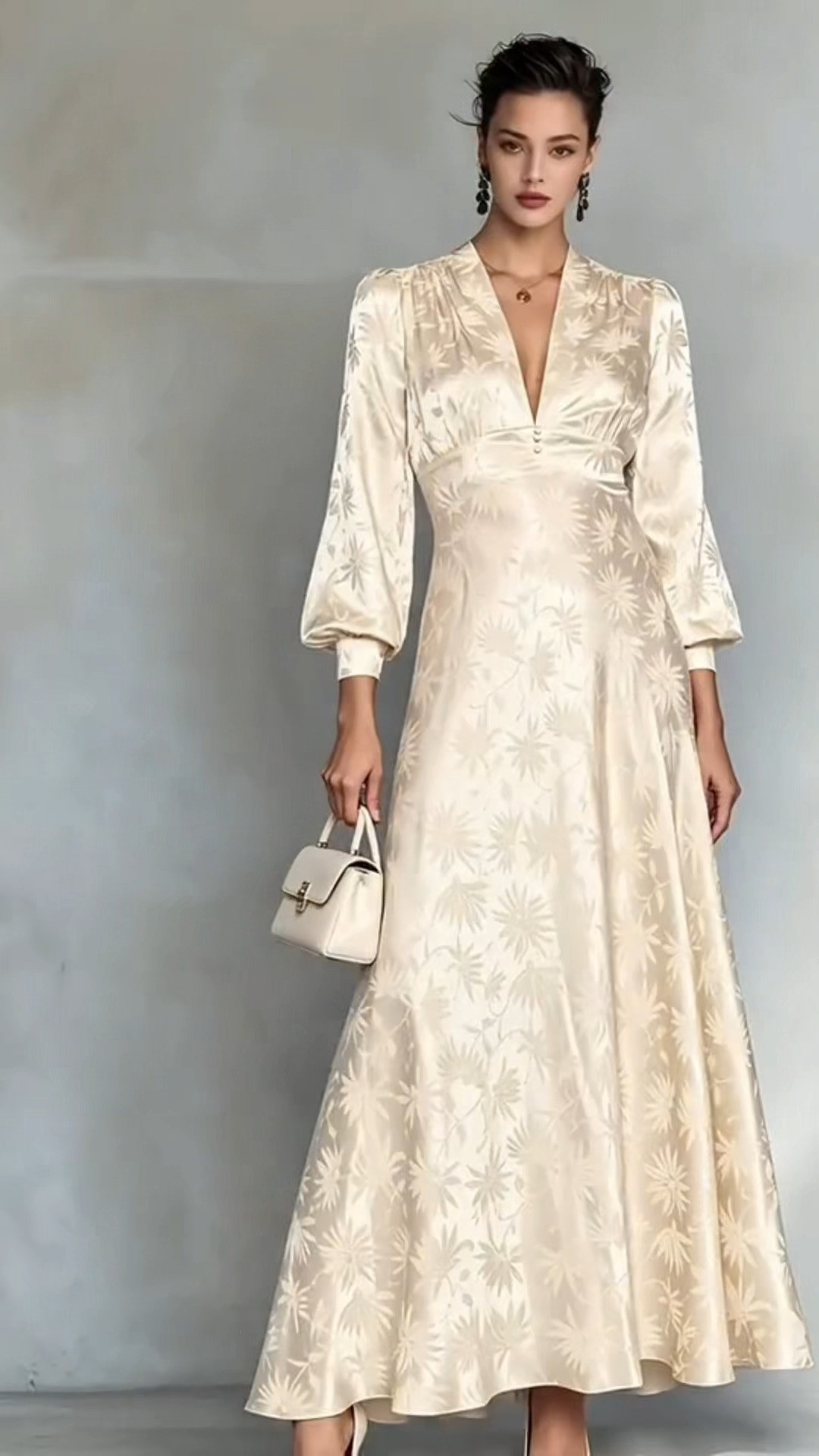 Cream Satin Jacquard Maxi Dress Formal Outfit
#SatinDress #WeddingGuestDress #MaxiDress #FormalOutfit #ChampagneDress 
 

 #LTKootd #LTKOver40 #LTKWedding