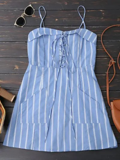 Lace Up Striped Slip Back Zipper Mini Dress | ZAFUL (Global)