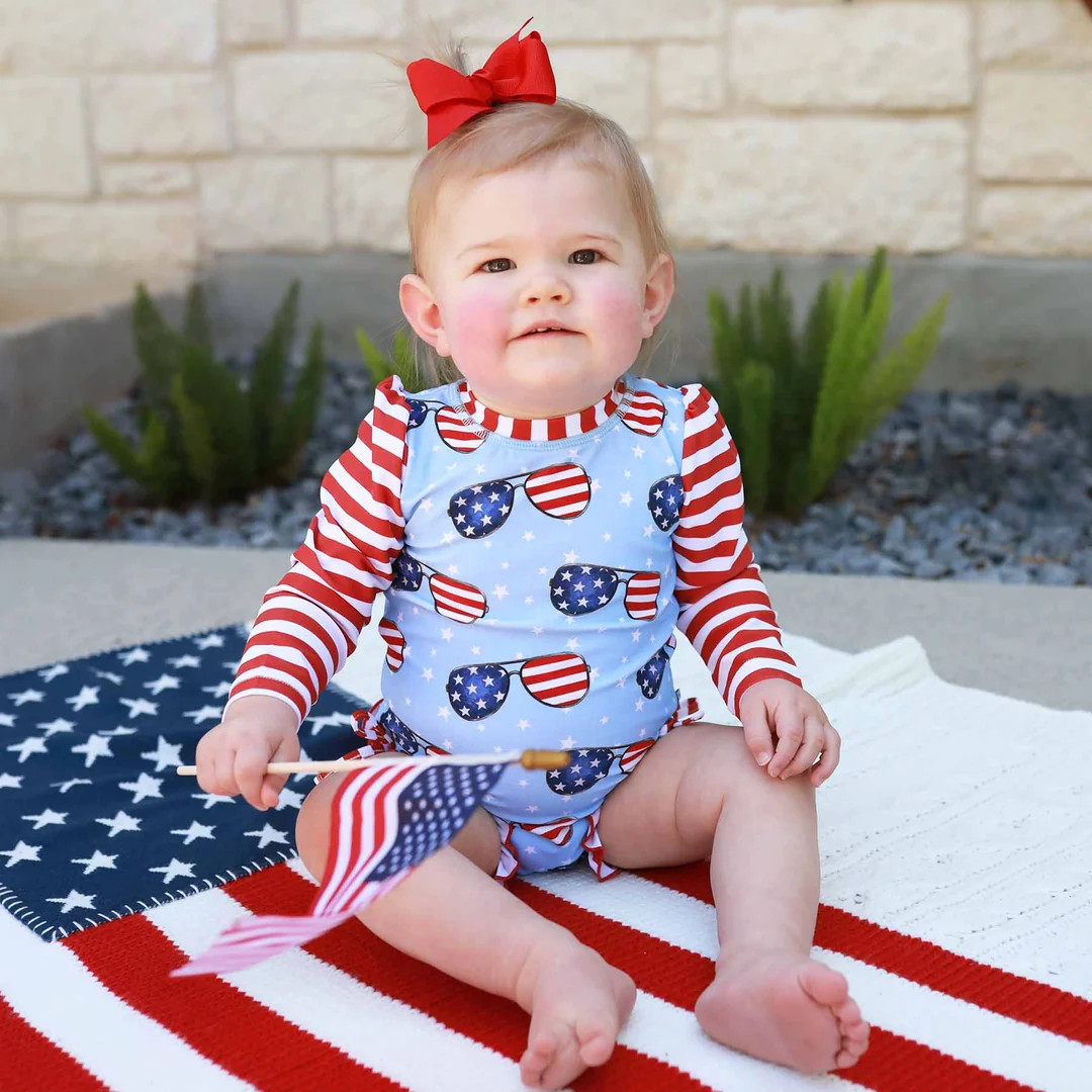 Long Sleeve Rash Guard With Ruffle Bottom | Patriotic Summer | Caden Lane