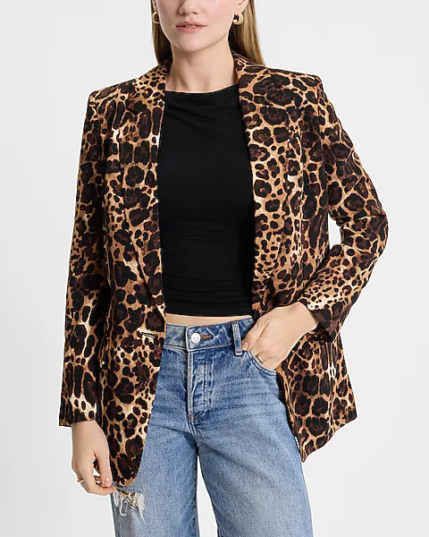 Satin Leopard One Button Cinched Boyfriend Blazer | Express