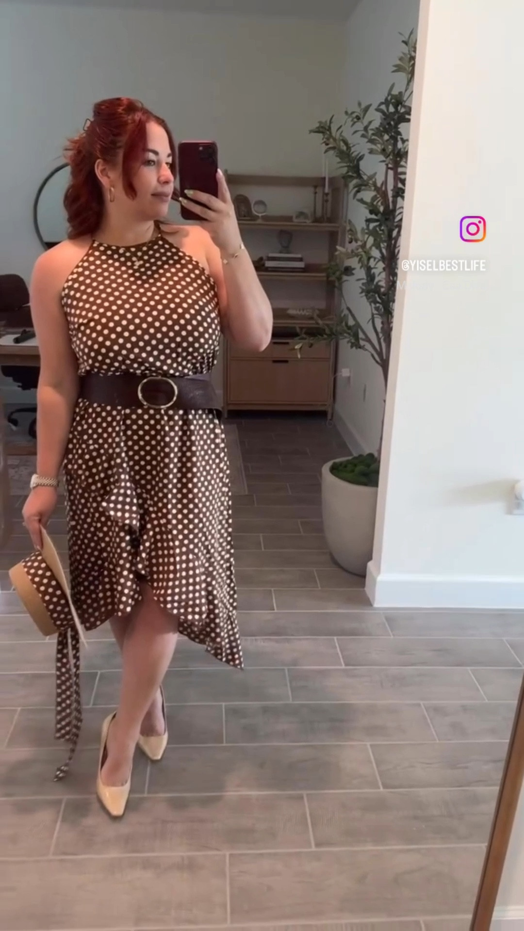 Channeling my inner Julia Roberts in pretty woman ! Kentucky Derby party theme outfit style for woman . Southern style , Kentucky derby style , brown and white polka dot dress , derby hat , gold pumps , macduggal embossed handbag . 

#LTKFindsUnder100 #LTKMidsize #LTKStyleTip