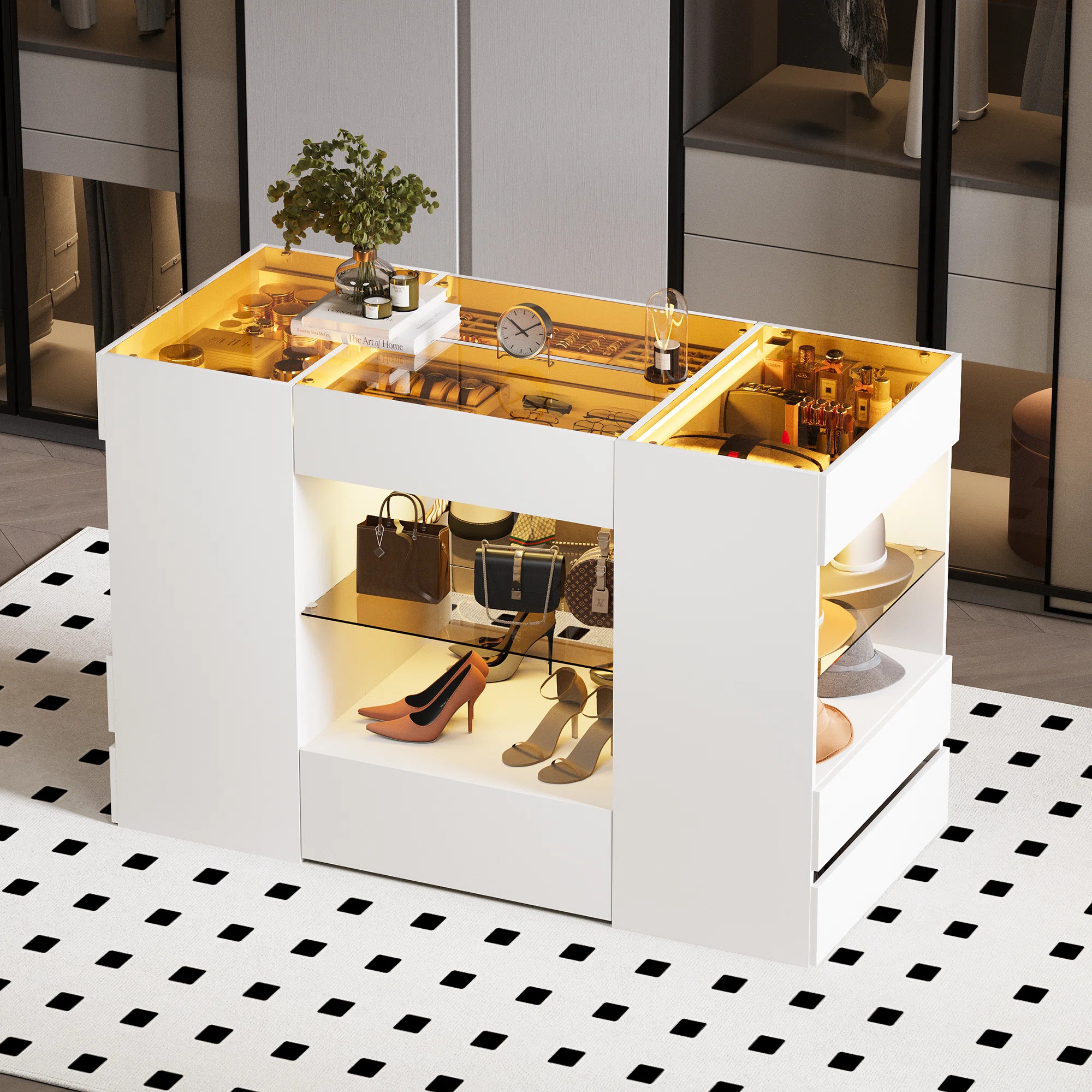 Modern Closet Island with Showcase, LED Lighting and Ample Storage | Wayfair North America