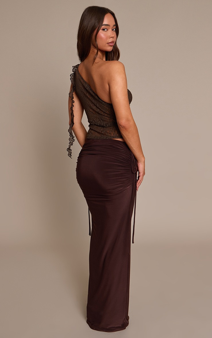 Dark Chocolate Double Layer Slinky Ruched Side Maxi Skirt | PrettyLittleThing UK