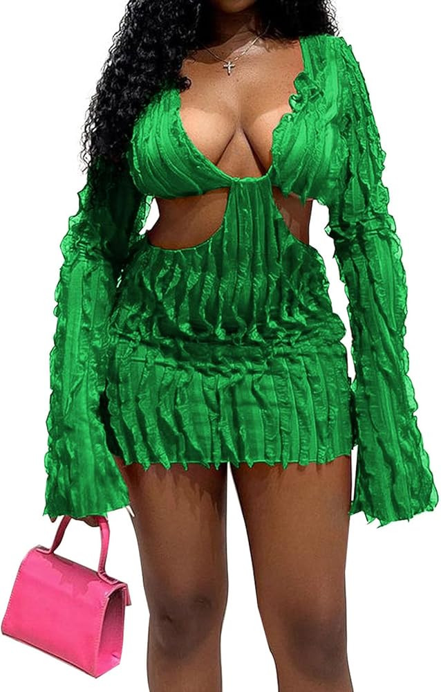 Uni Clau Women Sexy Deep V Neck Ruffle Mini Dress Long Sleeve See Through Hollow Out Bodycon Cock... | Amazon (US)