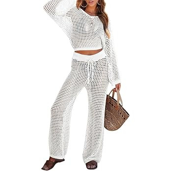 Pink Queen Women's Swimsuit Cover Up Set 2 Piece Crochet Long Sleeve Crop Top Wide Leg Pants Beac... | Amazon (US)