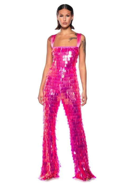 OUT FROM UNDER FLARED SEQUIN JUMPSUIT in hot pink | AKIRA