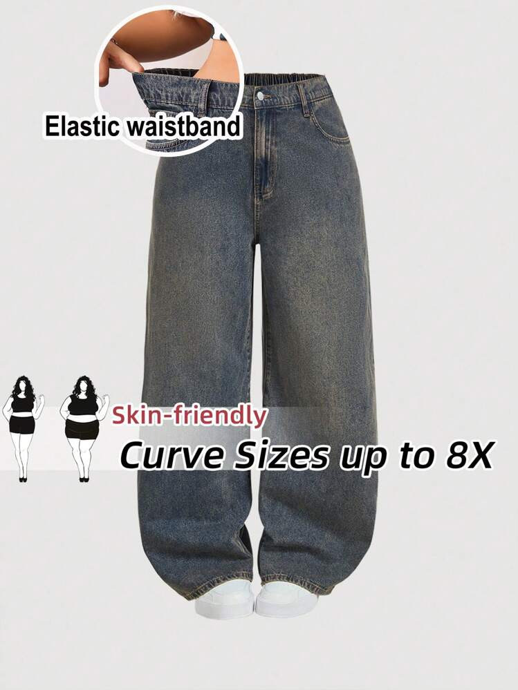 SHEIN CURVE+ Plus Size Retro Blue Jeans High Waist Wide Leg Pants Y2K Retro Wear Comfortable Elastic Waist Autumn New Products Fall Clothes For Women
Details
 | SHEIN