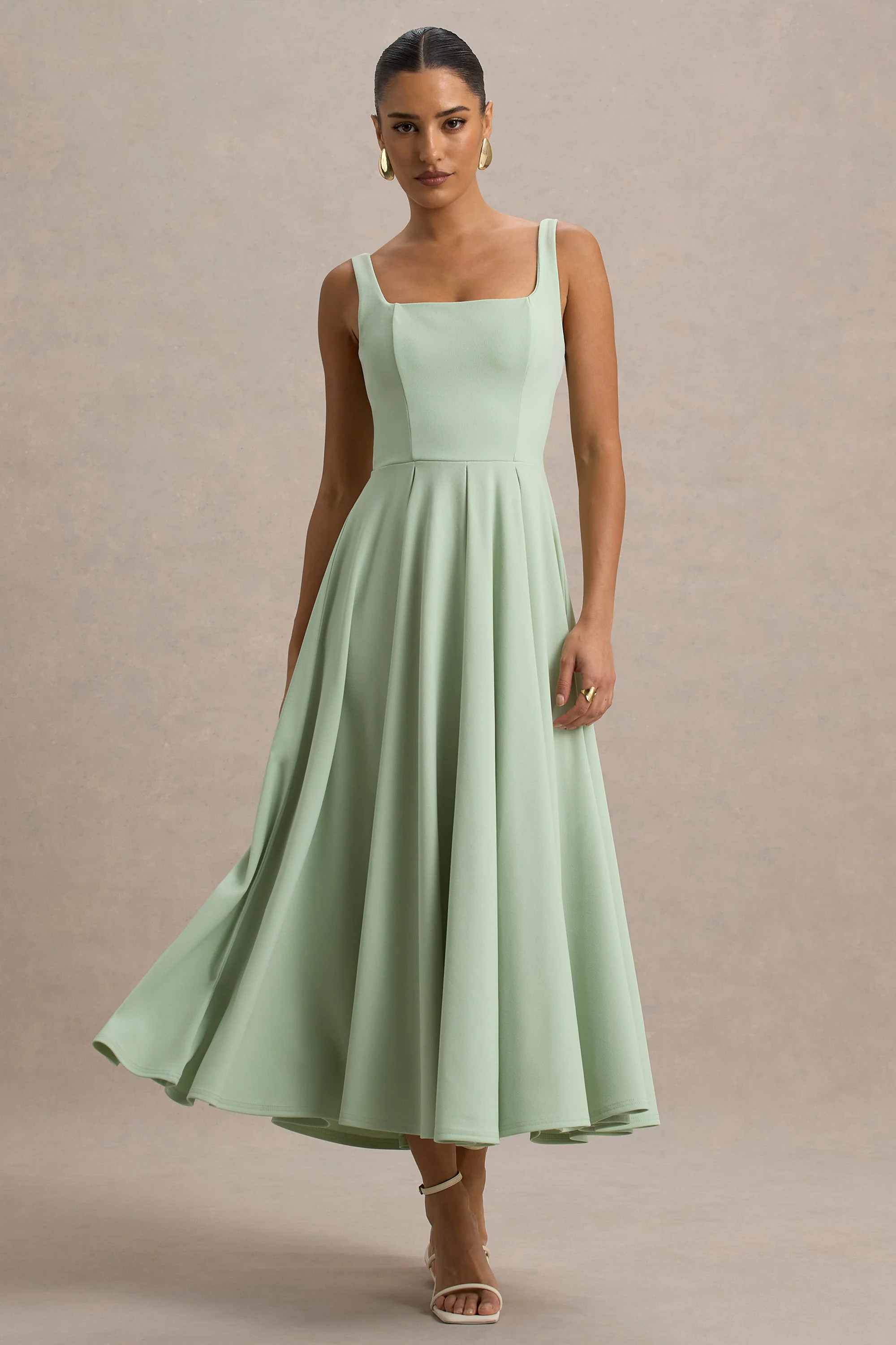 Parina | Light Green Strappy Volume-Hem Midi Dress | Club L London