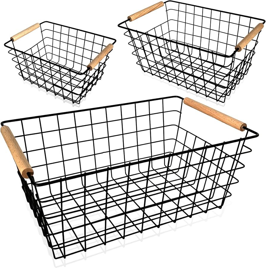 Wire Storage Baskets, Black, 3 Pack, Large Medium Small, with Wooden Handles, Chest Freezer Organ... | Amazon (US)