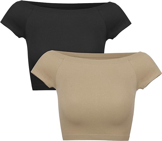 ODODOS 2-Pack Off Shoulder Crop Tops for Women Shorts Sleeve Seamless Cropped Top Ribbed T-Shirts | Amazon (US)