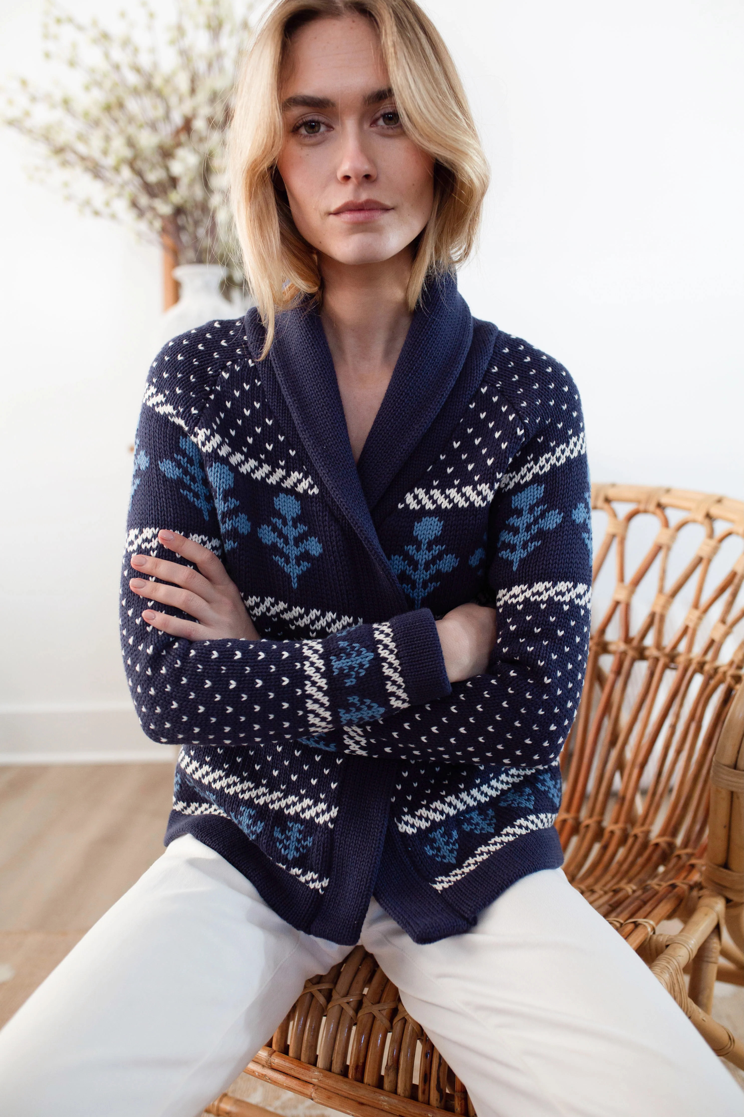 Marea Flower Intarsia Shawl Cardigan - Navy | Marea