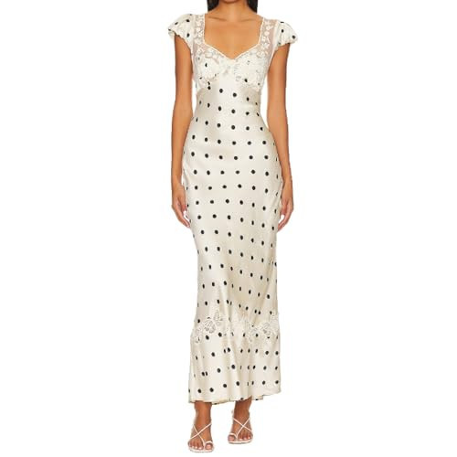 Polka Dot Dress Women Sexy Satin Long Summer Maix Dresses Y2k Coquette Beach Vacation Clothes (Apricot Polka dot,Large) | Amazon (US)