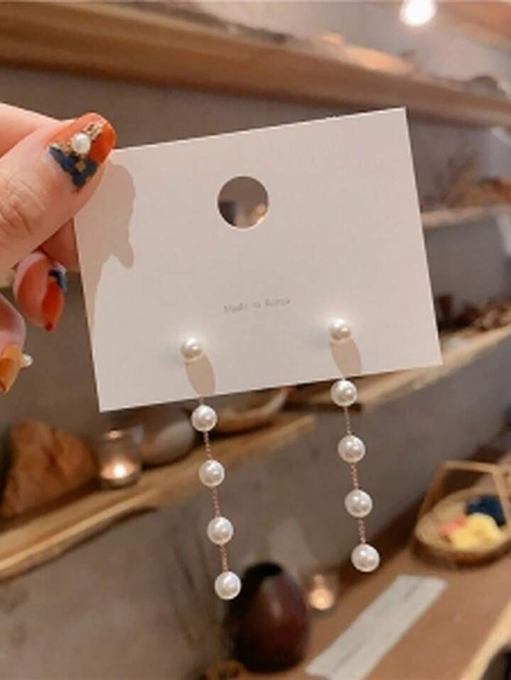 Korean Style S925 Silver Needle Fashionable Ins Style Pearl Earrings With Long Chain Tassel For W... | SHEIN