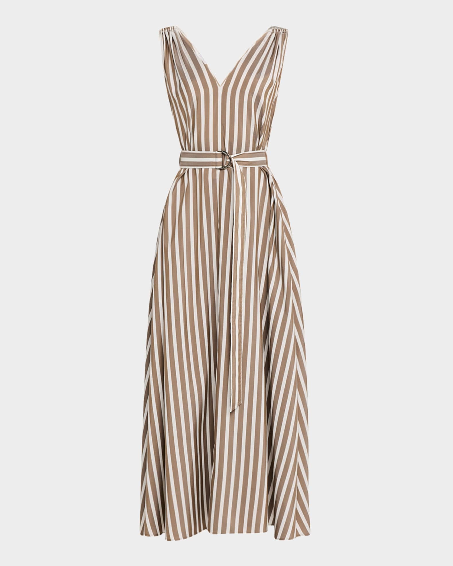Striped Sleeveless Monili-Shoulder Belted Midi Dress | Neiman Marcus