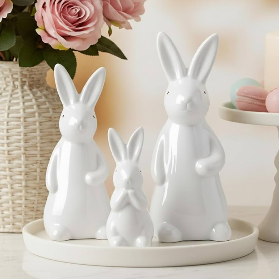 3 Pcs Large Easter Ceramic Bunny Figurines Decor White Porcelain Modern Tabletop Desktop Bookshel... | Amazon (US)