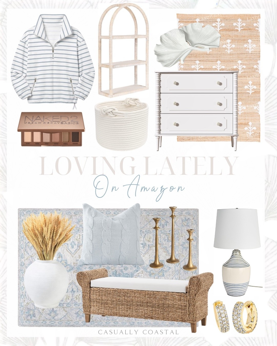 Loving Lately on Amazon 

Amazon home decor, Amazon rug, coastal home, coastal decor, neutral rug, coastal vase, coastal sweatshirt, Amazon sweatshirt, Amazon lamp, Amazon earrings, Amazon bench, coastal bench, blue rug, 5x8 rug, living room rug, rattan storage bedroom bench, dried wheat stalks, iron taper candle holder, 3 drawer dresser, small rope basket, coastal basket, striped quarter zip pullover, arched rattan wall shelf, tall round floor vase, urban decay naked2 eyeshadow palette, ginkgo leaf tray, coastal pillow, Amazon pillow cover, merino wool cable knit throw pillow cover, jute rug, blue and white striped lamp, Kendra Scott pave huggie earrings