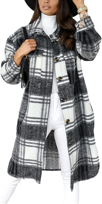 SeekMe Women's Long Plaid Shirt Jacket Shacket Lapel Button Down Woolen Blend Casual Tartan Over ... | Amazon (US)