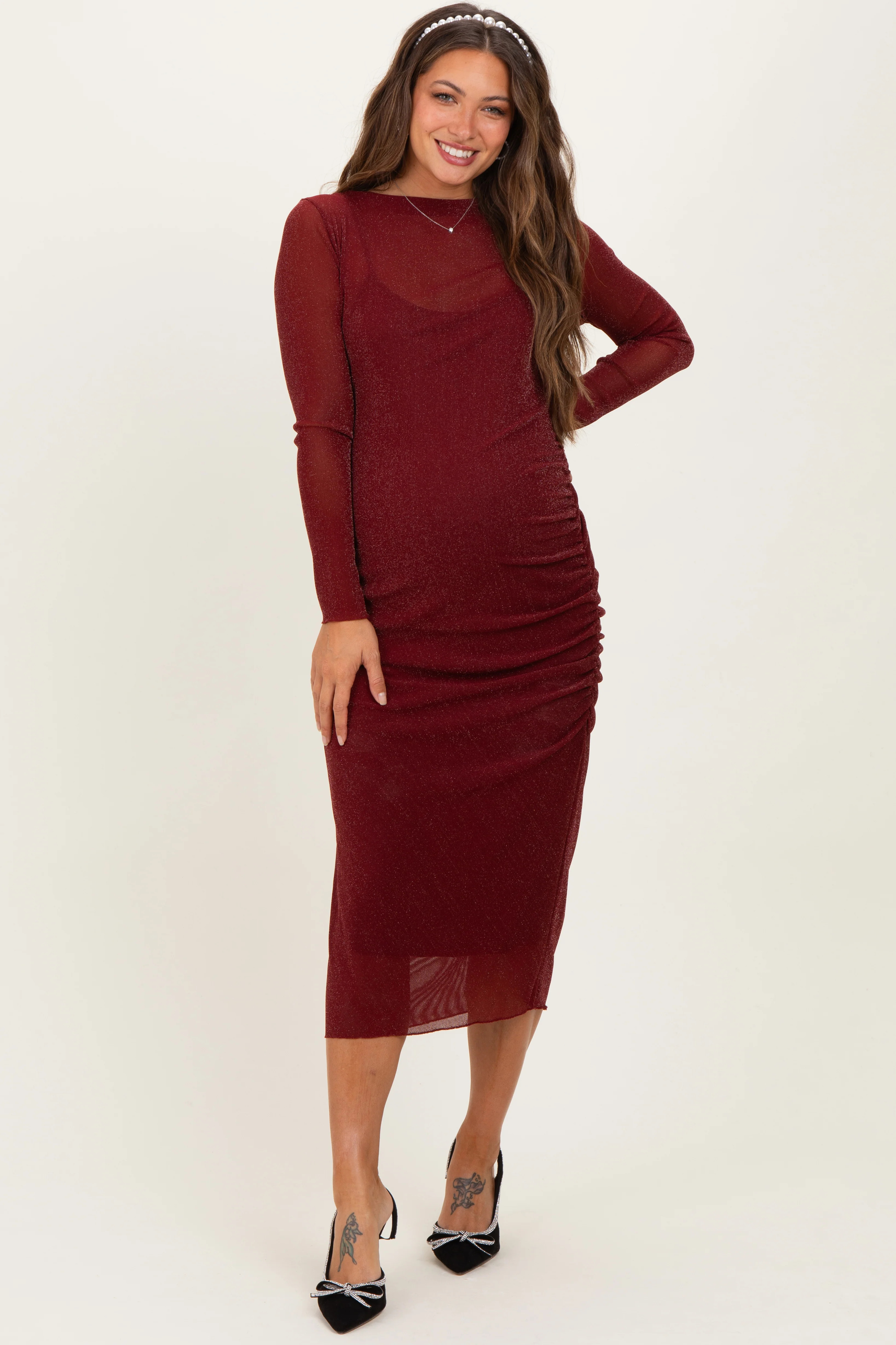 Burgundy Shimmer Mesh Long Sleeve Ruched Maternity Midi Dress | PinkBlush Maternity