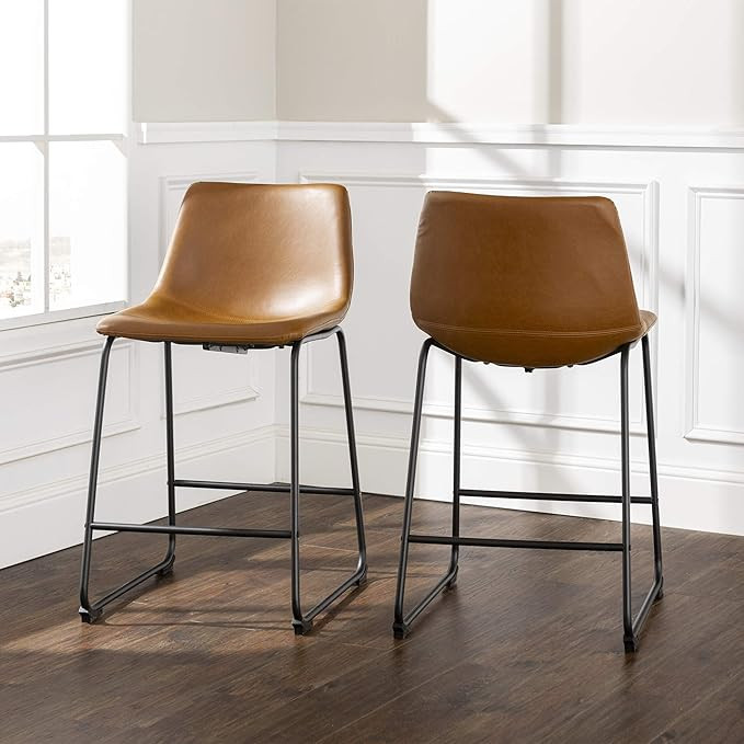Walker Edison Douglas Urban Industrial Faux Leather Armless Counter Chairs, Set of 2, Whiskey Bro... | Amazon (US)