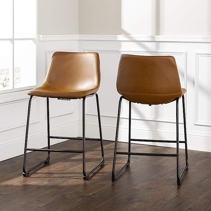 Walker Edison Douglas Urban Industrial Faux Leather Armless Counter Chairs, Set of 2, Whiskey Bro... | Amazon (US)