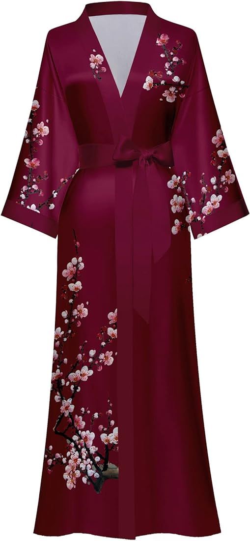 Kihnop Women's Floral Long Kimono Robe Long Satin Robe Long Silk Robe Ladies Kimonos Silky Bathro... | Amazon (US)