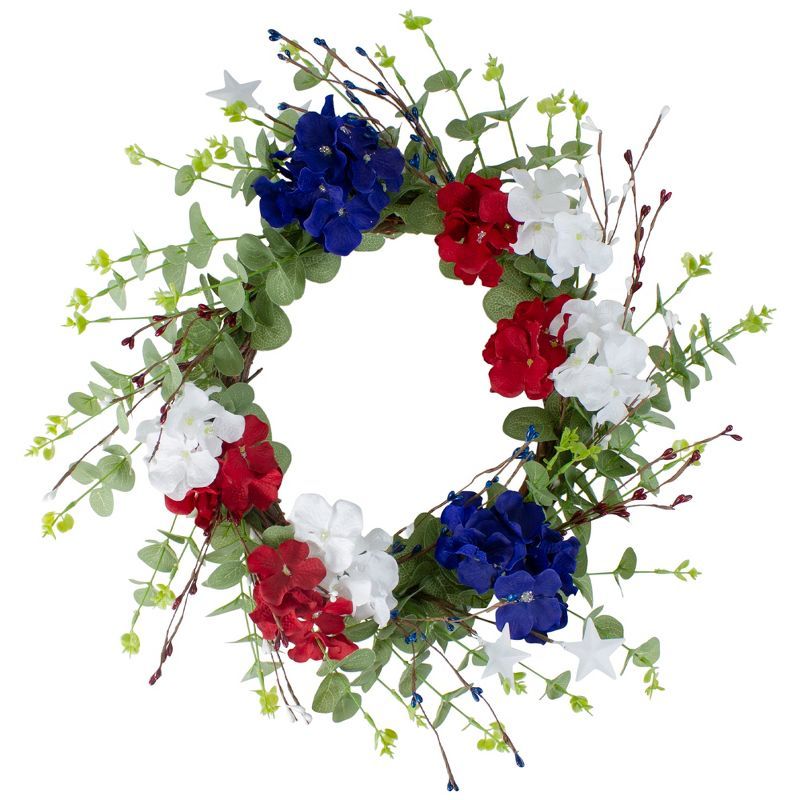 Northlight Red, white and Blue Hydrangea and Eucalyptus Patriotic Artificial Wreath | Target