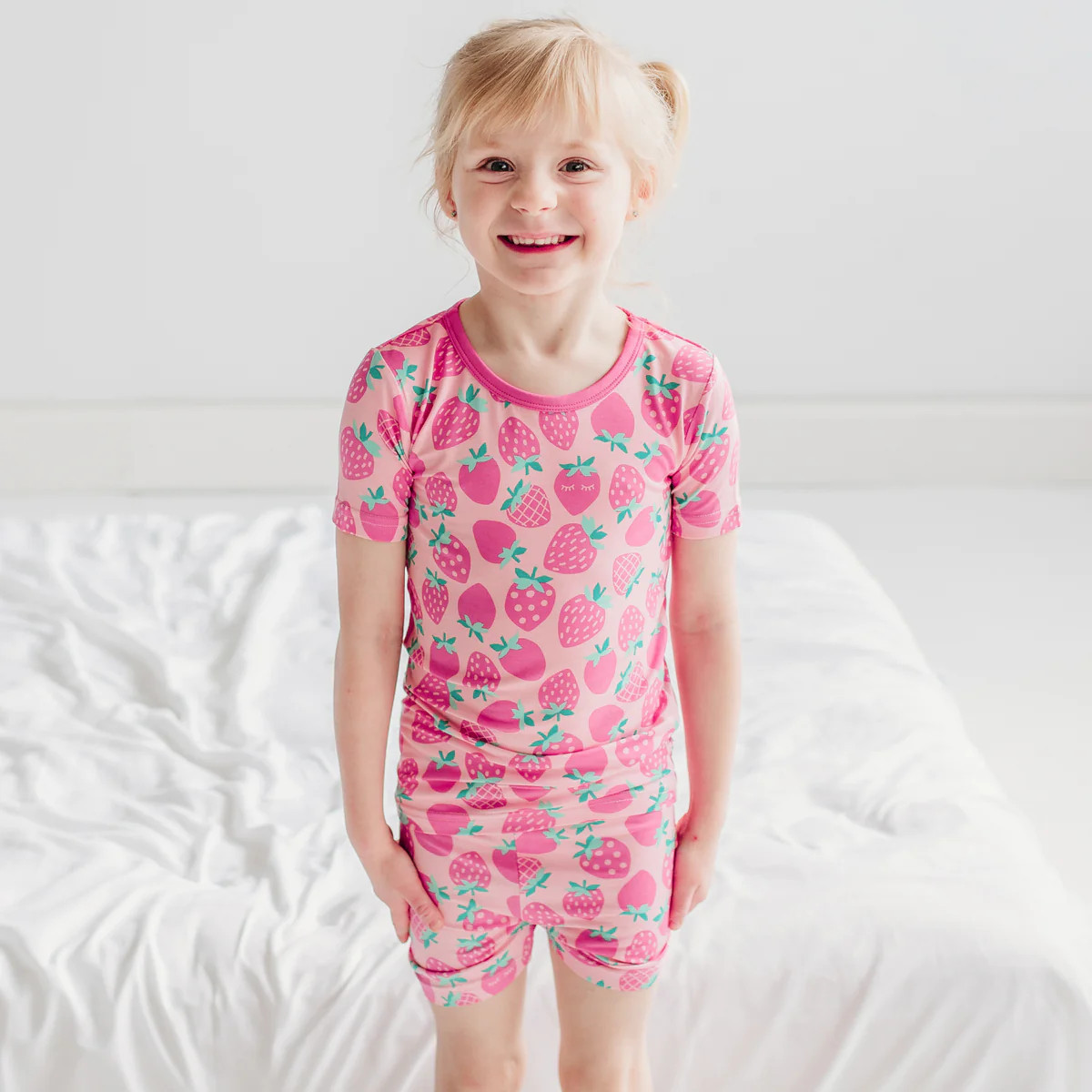 Sweet Strawberries Two-Piece Short Sleeve & Shorts Bamboo Viscose Pajama Set | Little Sleepies