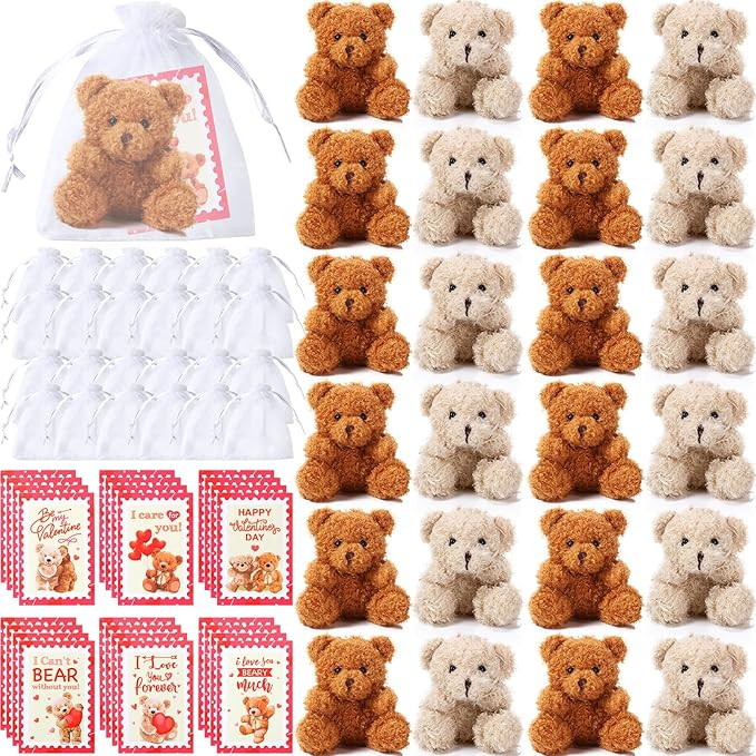Deekin Set of 24 Valentine‘s Day Mini Plush Bears with Greeting Cards and Organza Bags for Vale... | Amazon (US)