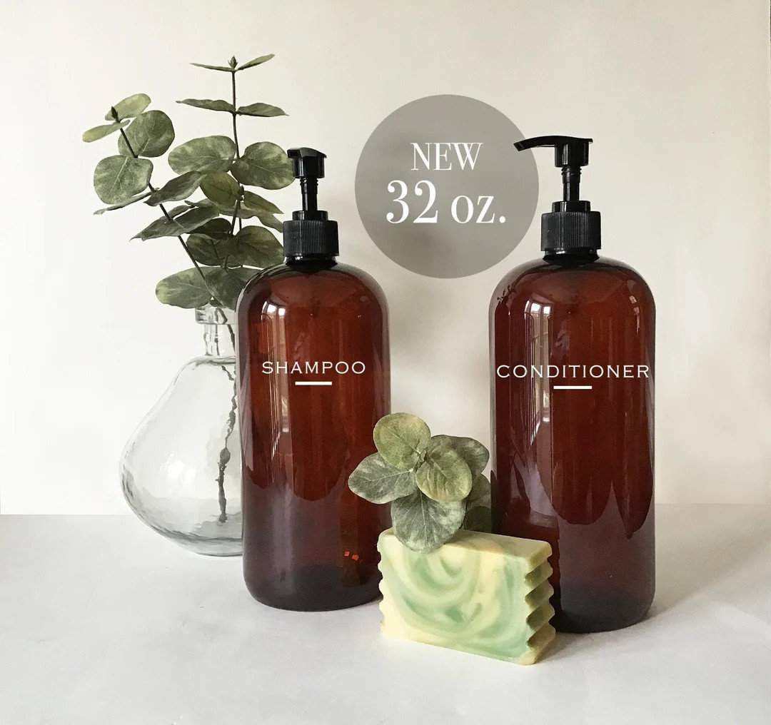 Shampoo or Conditioner 32 Ounce Amber Plastic Bottle Pump Top Dispenser Modern Bathroom Decor Far... | Etsy (US)