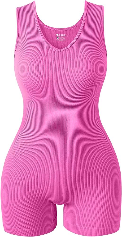 OQQ Women Rompers Ribbed V Neck Sleeveless Stretch Tummy Control Yoga Workout Rompers | Amazon (US)