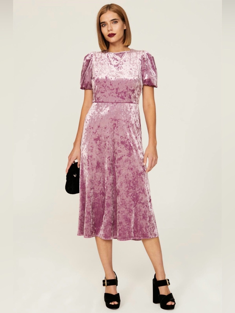 Donna Morgan Velvet Tie Back Midi Dress 10 Purple Crushed Large Puff Sleeve Pink | Poshmark