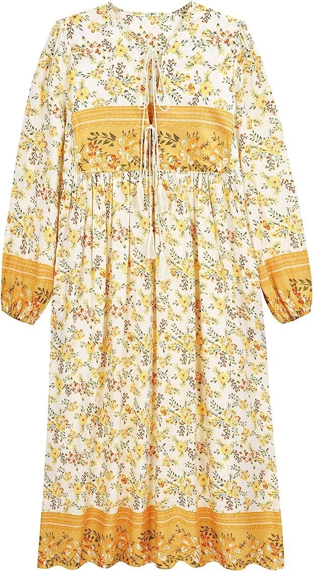 UIMLK Boho Maxi Dresses for Women Casual Summer, Cotton Long Sleeve Floral Print Tassel Bohemian Mid | Amazon (US)