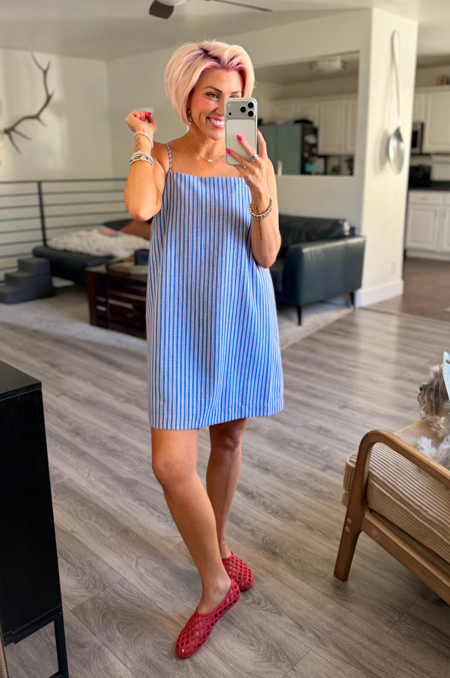 Old Navy shift dress in another color! How perfect would this piece be for traveling? A complete outfit that takes up very little space!! Dress: Medium // Shoes: TTS  

 #LTKootd #LTKSaleAlert #LTKTravel