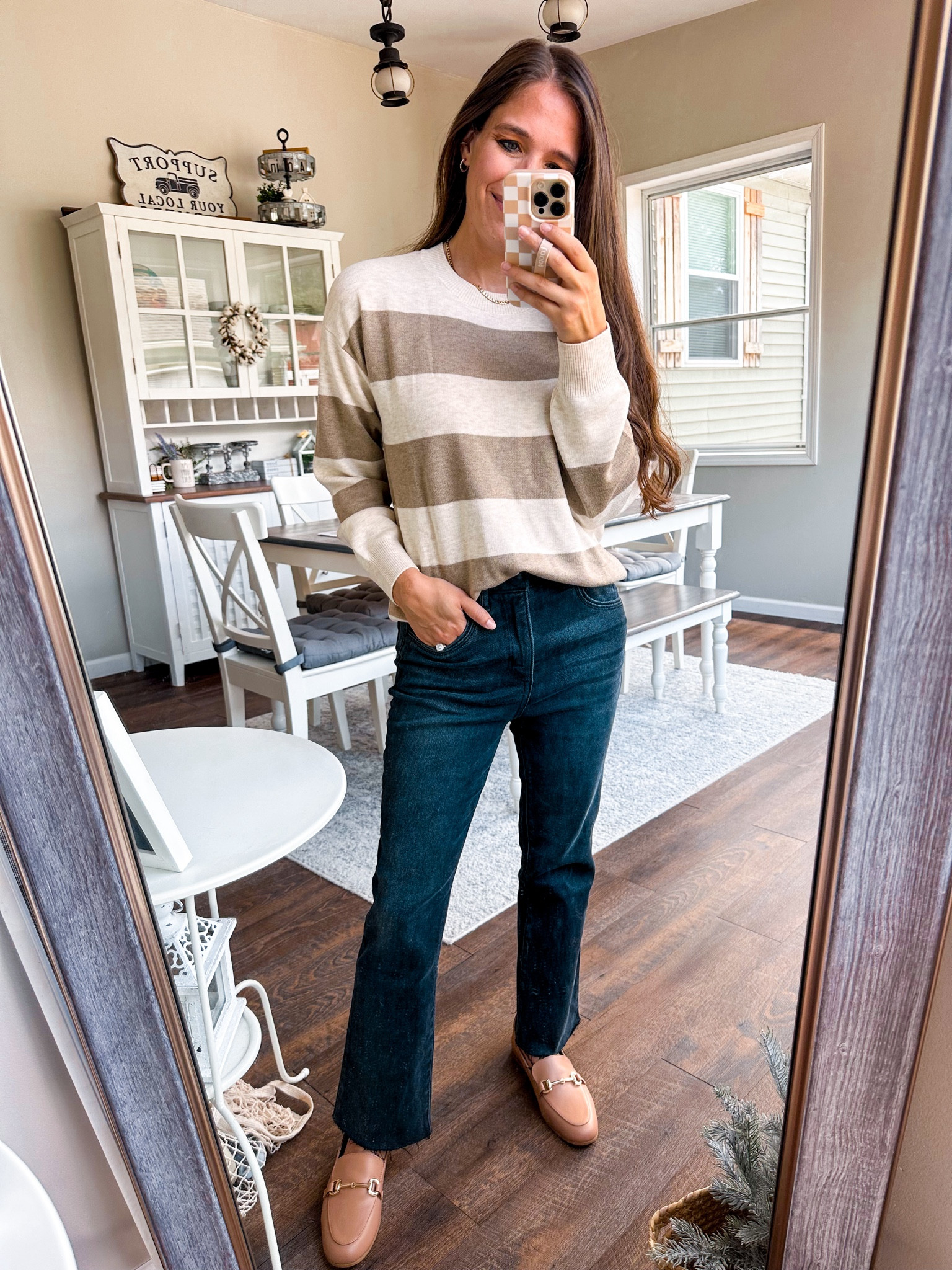  NSale striped fall sweater size XS 
Jeans tts petite 
Loafer tts 

#LTKStyleTip #LTKxNSale #LTKSaleAlert