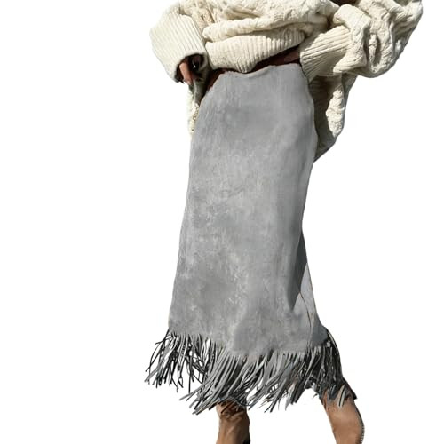 MatyLonm Women's Casual Faux Suede High Waisted Midi Skirt, Boho A-Line Fringe Hem Skirt for Daily,Vacation & Street Grey | Amazon (US)