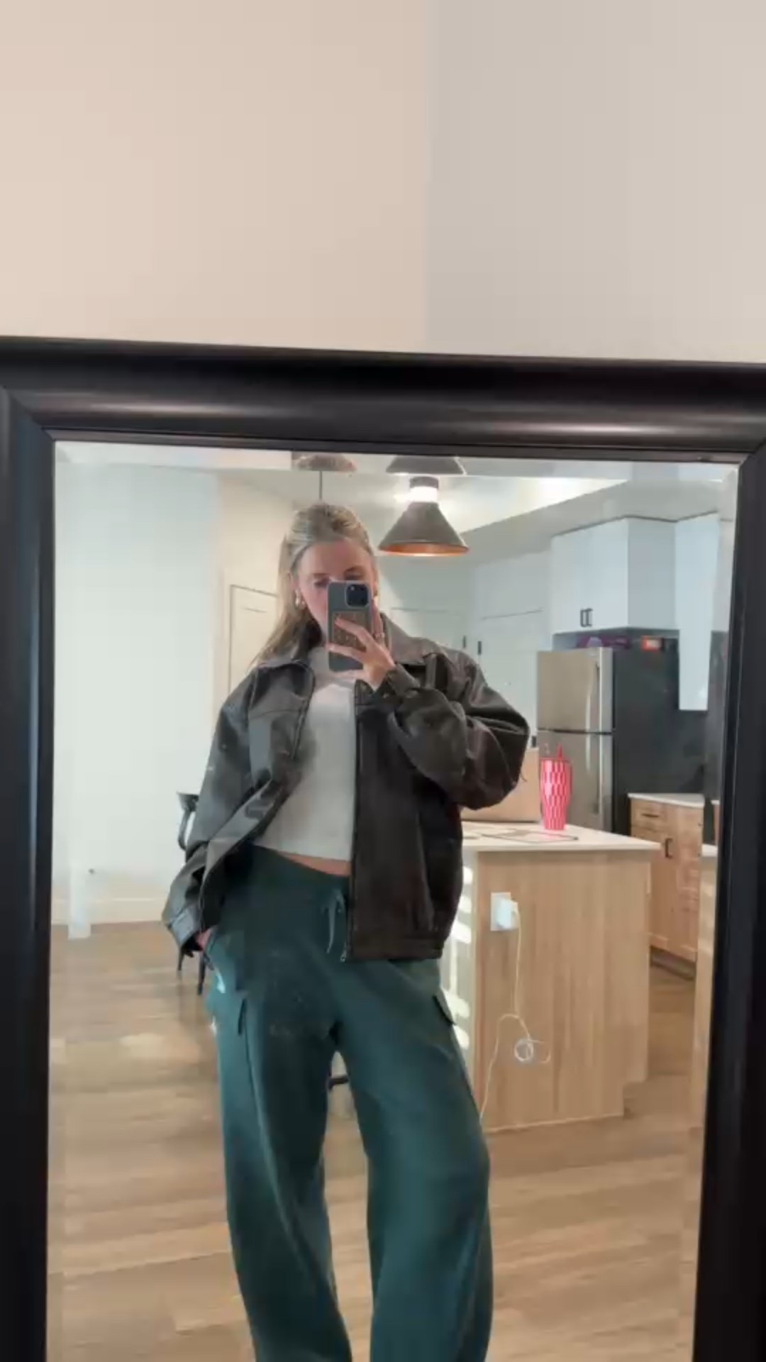 My favorite leather jacket!! Wearing a size L for an oversized look. I linked a similar one on ASOS that is in stock! 

With alo knitted pants(size M), my fav sneakers, and my fav basic tee(size S)  