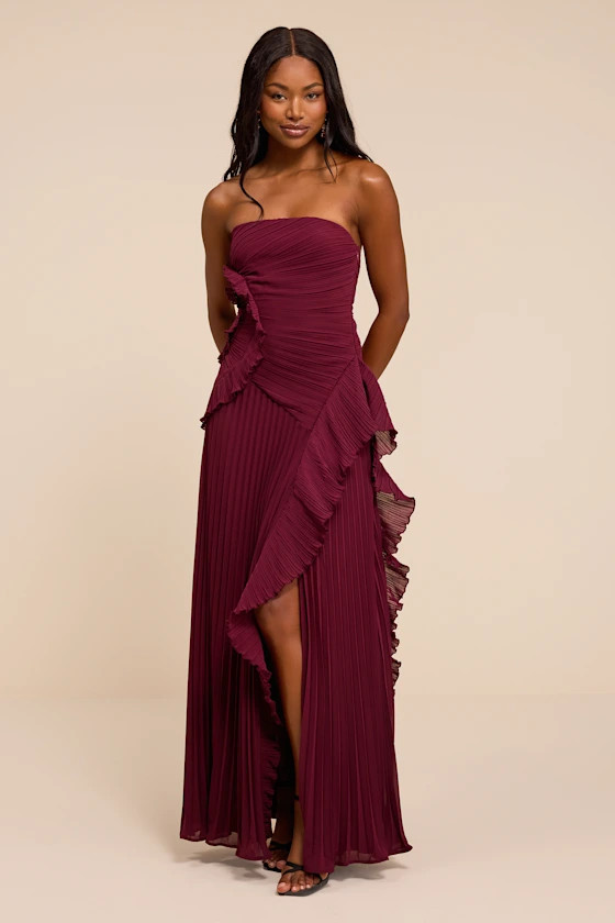 Brylee Burgundy Pleated Ruffled Maxi Dress | Lulus