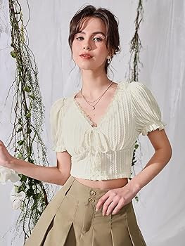 Verdusa Women's Knot Front Lace Trim Puff Sleeve V Neck Crop Tee Shirt Top | Amazon (US)