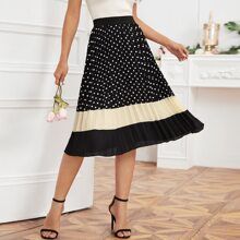 Color-block Polka Dot Midi Pleated Skirt | SHEIN