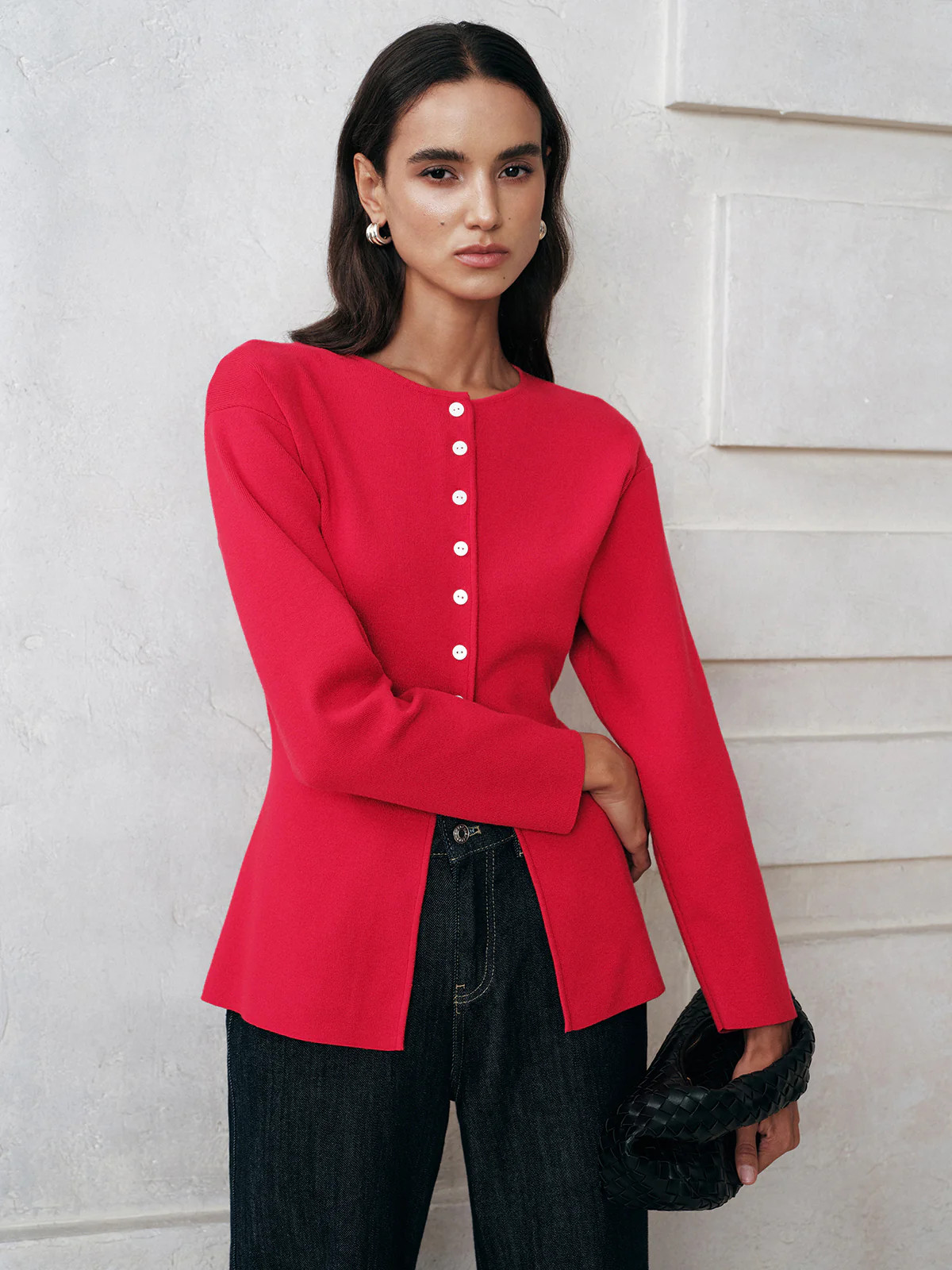 Button-Front Long Sleeve Knit Top | Commense