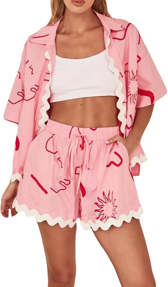 Seyurigaoka Women Printed 2 Piece Outfits Short Sleeve Button Down Shirt Rick-Rack Trim Shorts Se... | Amazon (US)