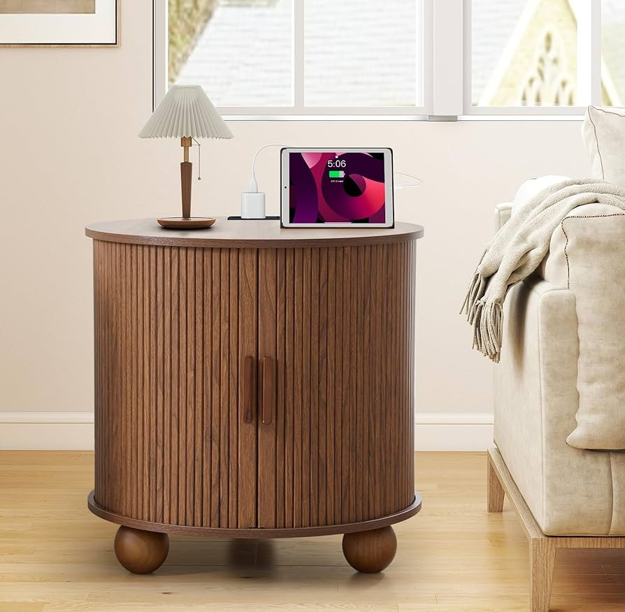 AVZEAR 24" Large Round End Table with Charging Station, Farmhouse Fluted Sofa Side Table with Sli... | Amazon (US)