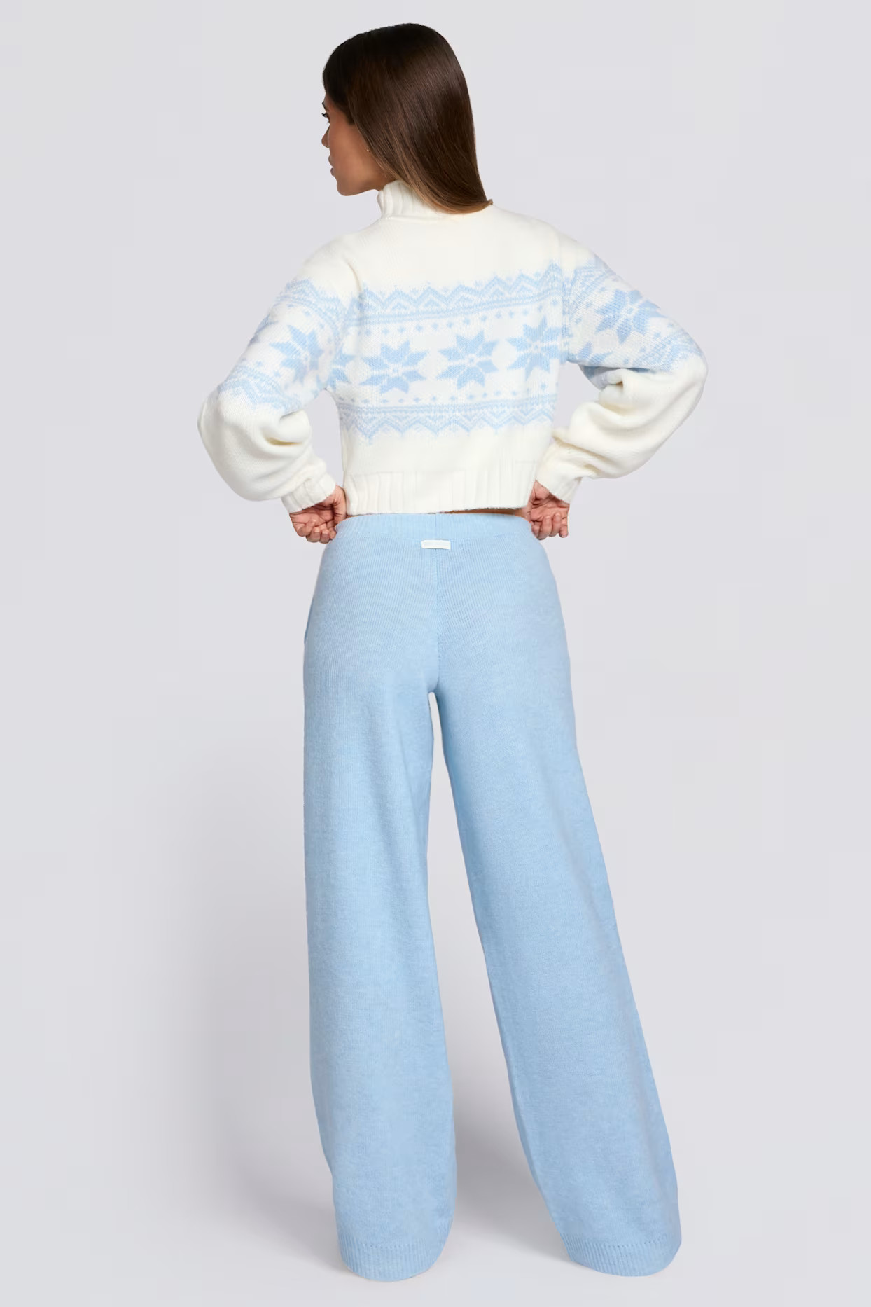 Knit Mid-Rise Wide-Leg Joggers in Powder Blue | Oh Polly