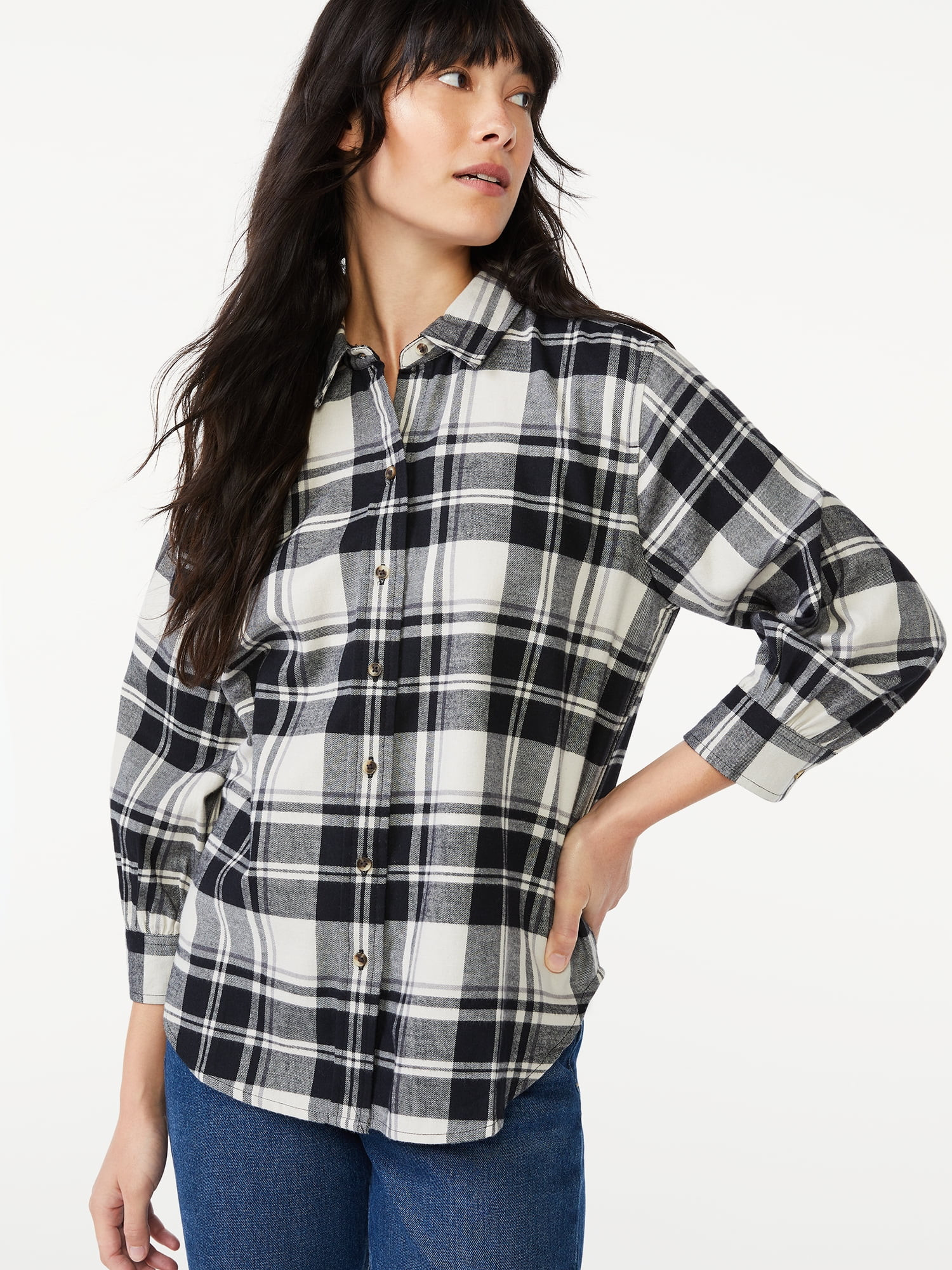 Free Assembly Women's Button-Down Top with ¾ Blouson Sleeves - Walmart.com | Walmart (US)