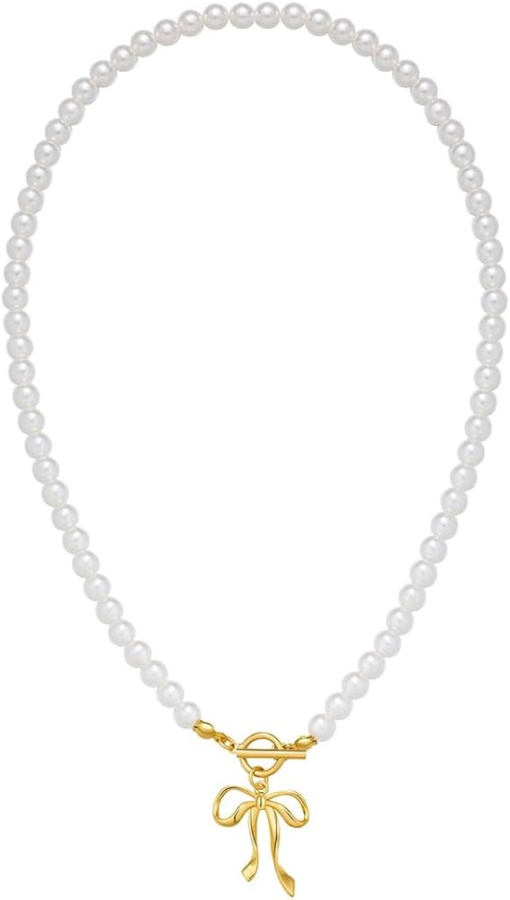 Dainty Gold Pendant Necklaces For Women Pearl Strands And Gold Chains With Bow Heart Charms | Amazon (US)