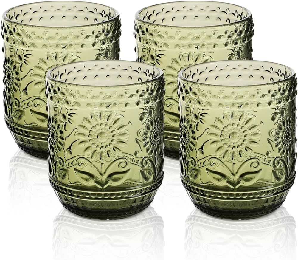 Set of 4 Drinking Glasses,12 oz Green, Vintage Glassware,Embossed Floral Decorative Glasses Set f... | Amazon (US)