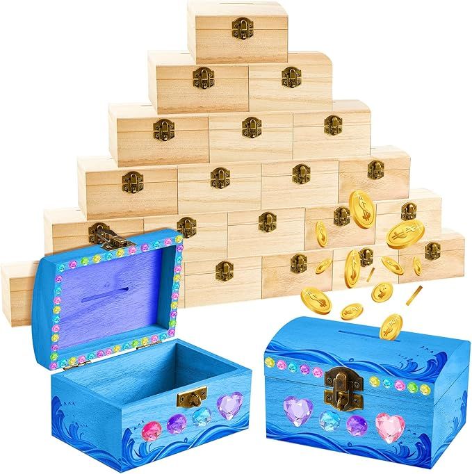 24 Pcs DIY Unfinished Wood Treasure Chest Box Savings Bank with Coin Slot Hinged Lid, Front Clasp... | Amazon (US)