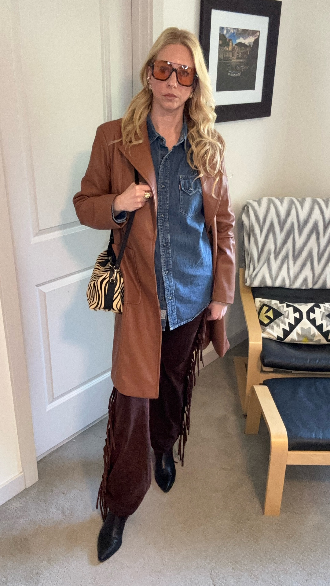 Fun Fringe Pants Friday!! 

Fringe Pants @vaneta1996 
@levi men’s western denim shirt 
@bananarepublic vegan leather trench 
Boots @francosarto
Bag @h&m 
Sunnies @tiktokshop

#LTKmomlife #LTKootd #LTKTall