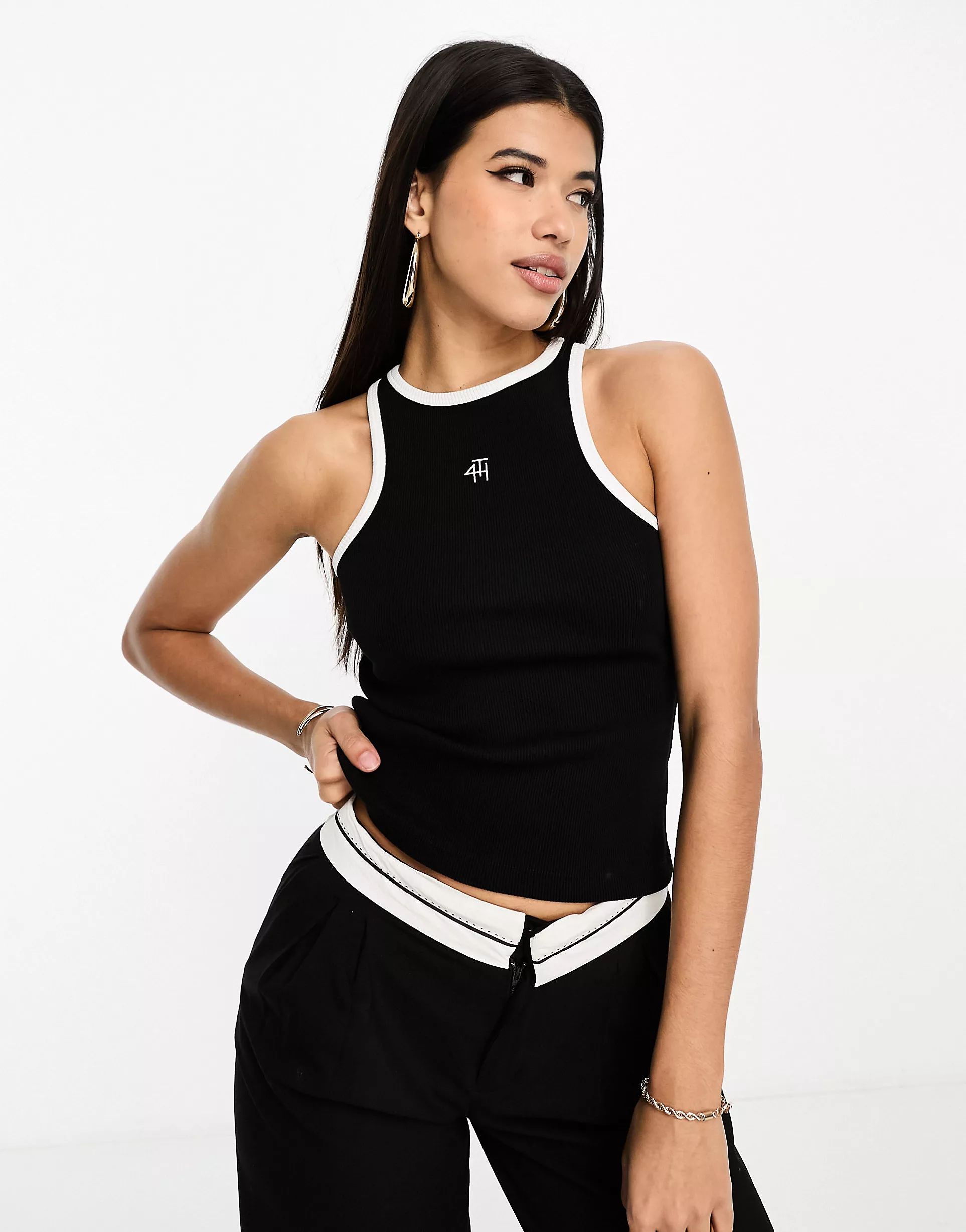 4th & Reckless embroidered logo ribbed tank top with contrast pipping in black | ASOS (Global)